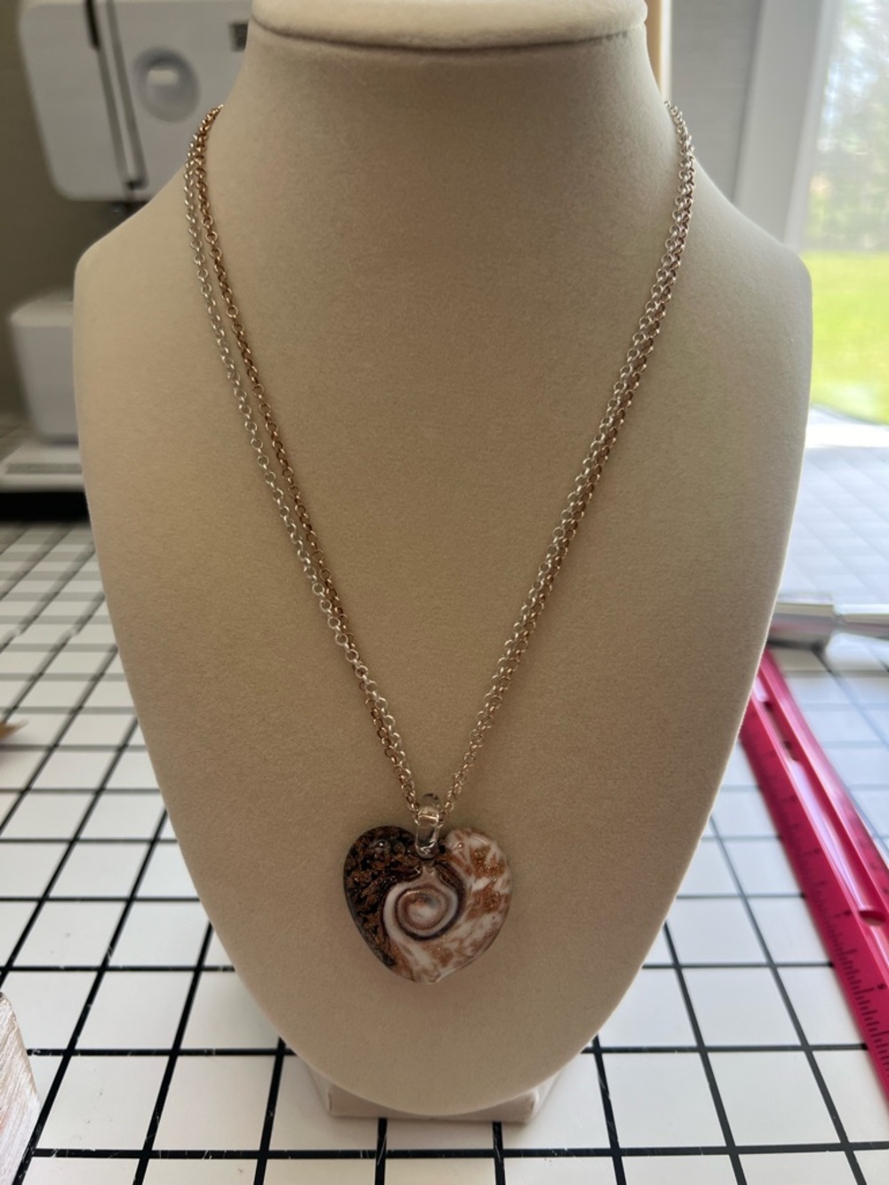 Handcrafted Heart Pendant Necklace in Brown and Cream
